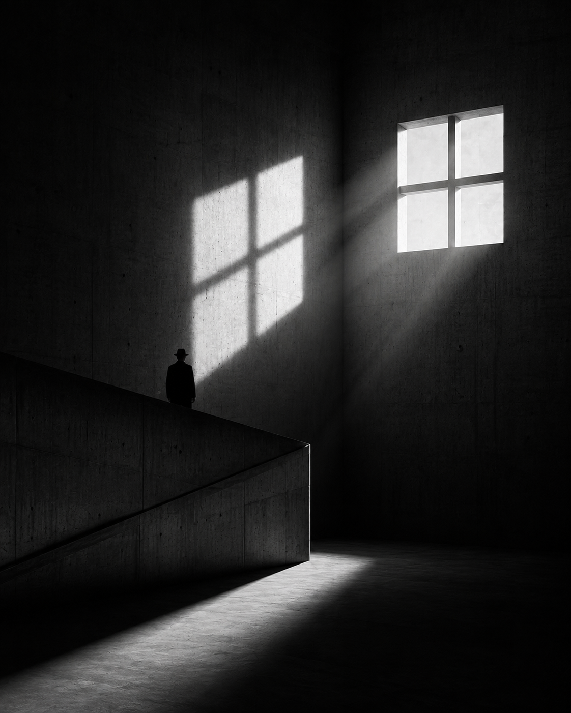 Figura humana diante de uma janela e planos arquitetônicos de luz e sombra, representando visão estratégica e novas perspectivas